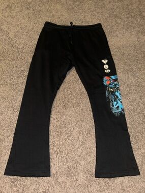 Fashion Nova Black Sweatpants with Blue and Red Superhero Graphic